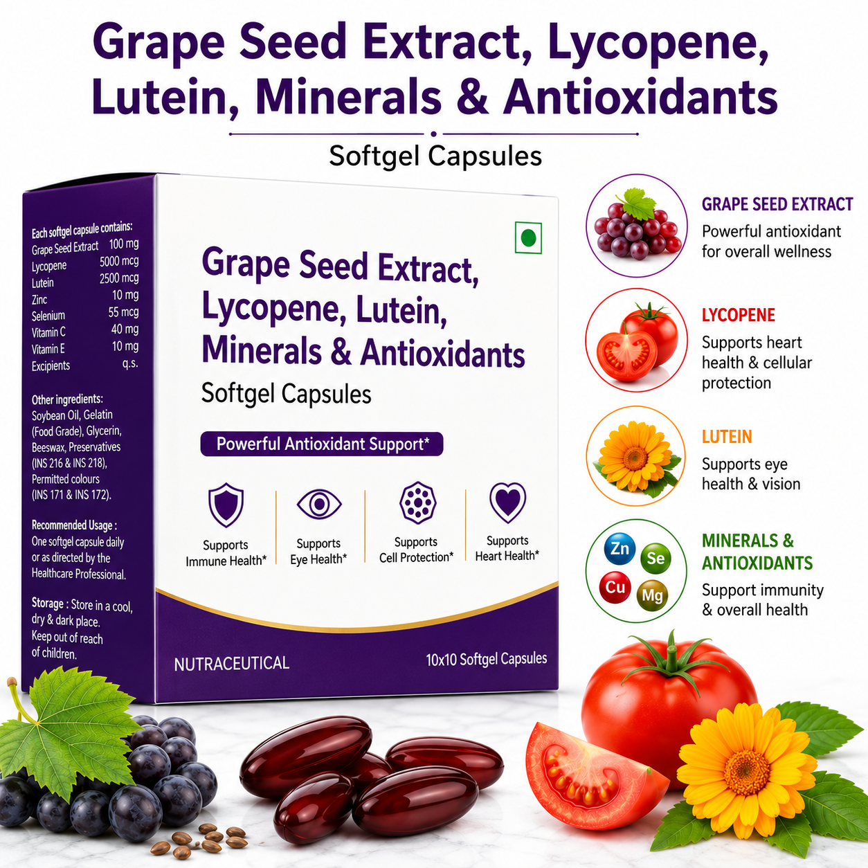 Softgel Capsules of Grape Seed Extract, Lycopene, Lutein, Minerals & Antioxidants Suppliers in Thane