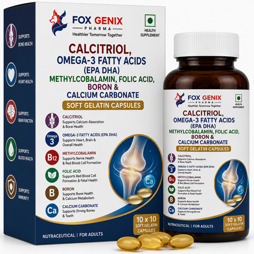 Calcitriol, Omega-3 Fatty Acids (EPA DHA), Methylcobalamin, Folic Acid, Boron & Calcium Carbonate Soft Gelatin Capsules Suppliers in Thane