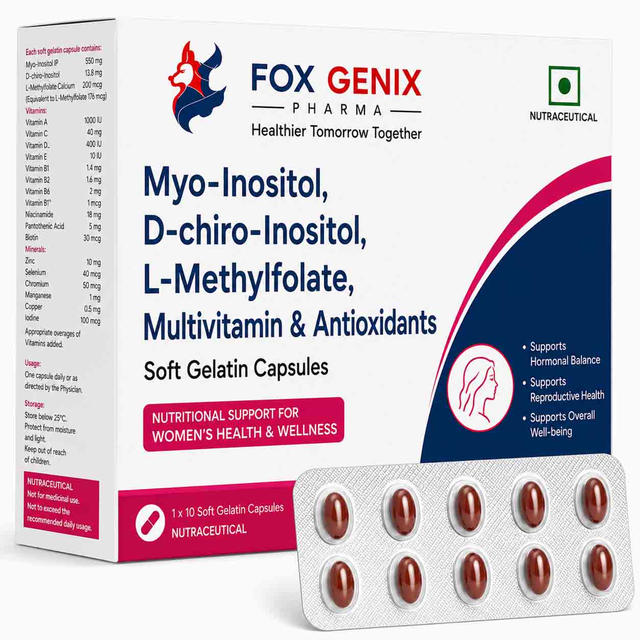Myo-Inositol, D-chiro-Inositol, L-Methylfolate, Multivitamin & Antioxidants Soft Gelatin Capsules Suppliers in Thane