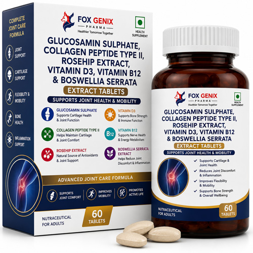 Glucosamin Sulphate, Collagen Peptide Type II, Rosehip Extr Extract Vitamin D3, Vitamin B12 and Boswellia Serrata Extract Tablet,  Suppliers in Thane